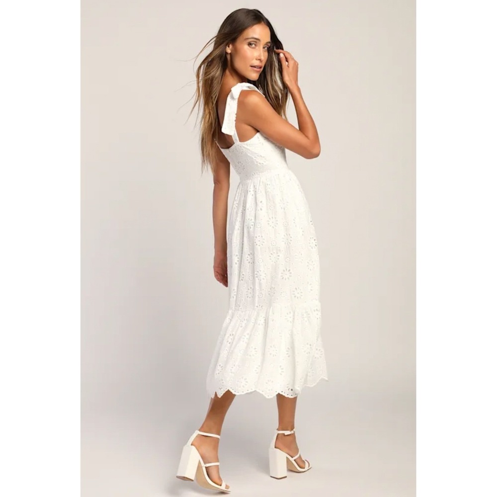 Lulus M White Eyelet Cotton Tie Strap Tiered Midi Dress Womens Graduation Easter - Picture 4 of 15